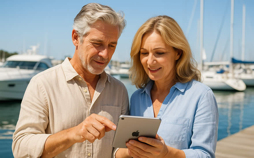 Paar berechnet Yachtfinanzkauf der Yacht online